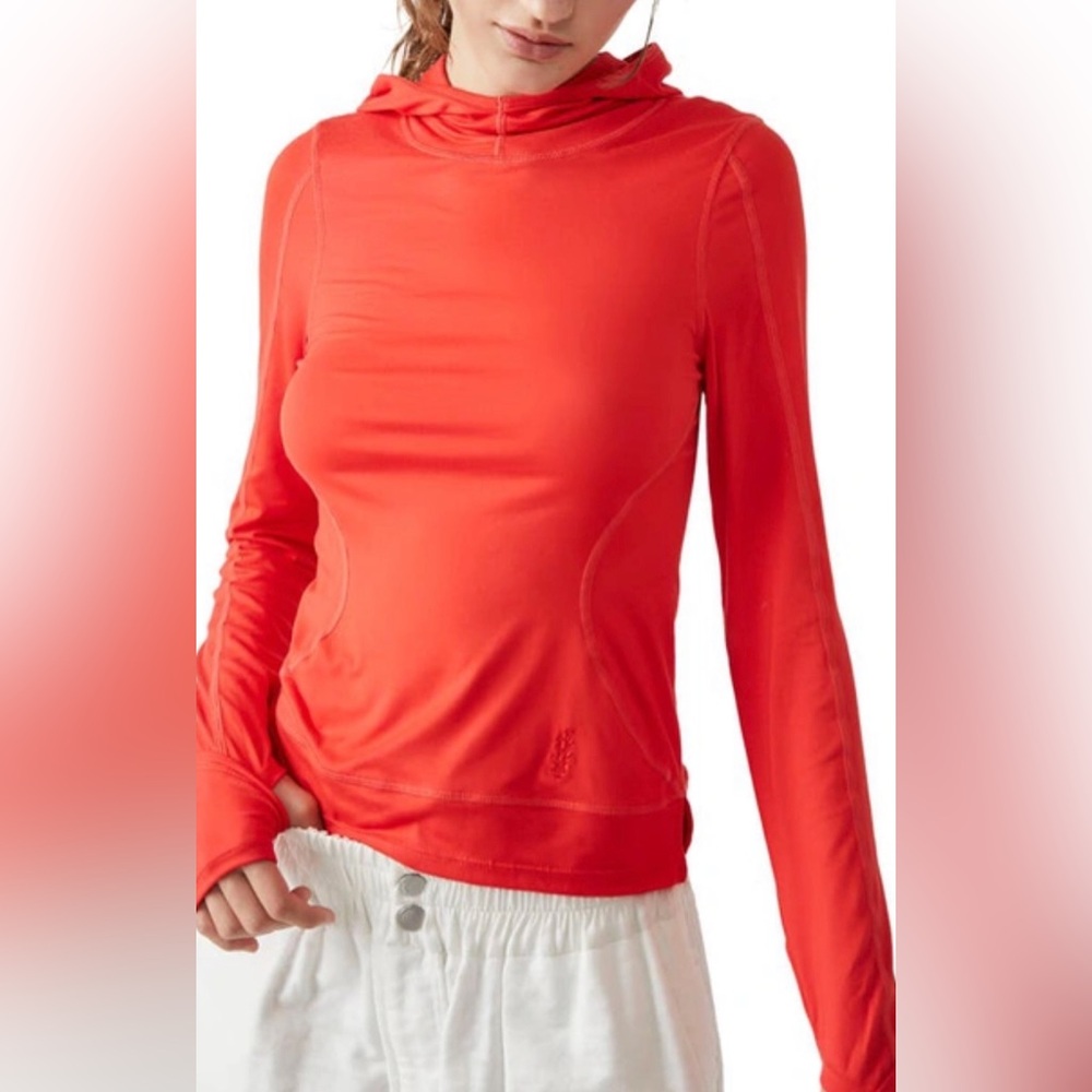 Free People Bright Red Long Sleeve Hooded Top